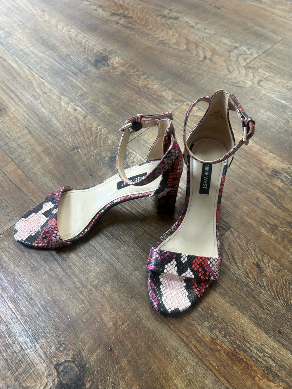Nine West Pink Black White Snake-Print Ankle-Strap Block Heels